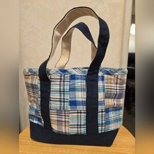 Plaid Tote Bag with Navy Accents